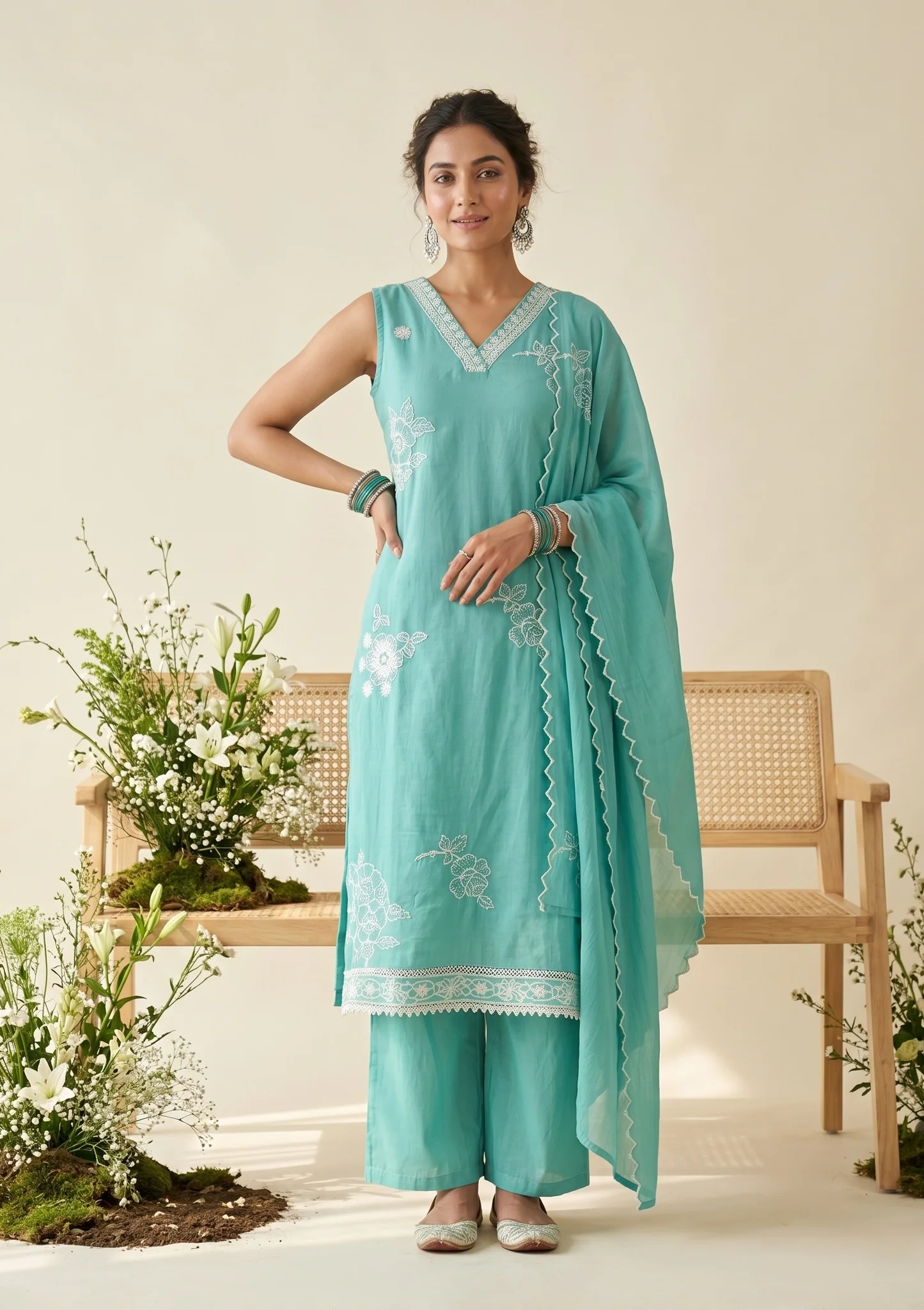 Sea Green Threadwork Chanderi Readymade Salwar Suit